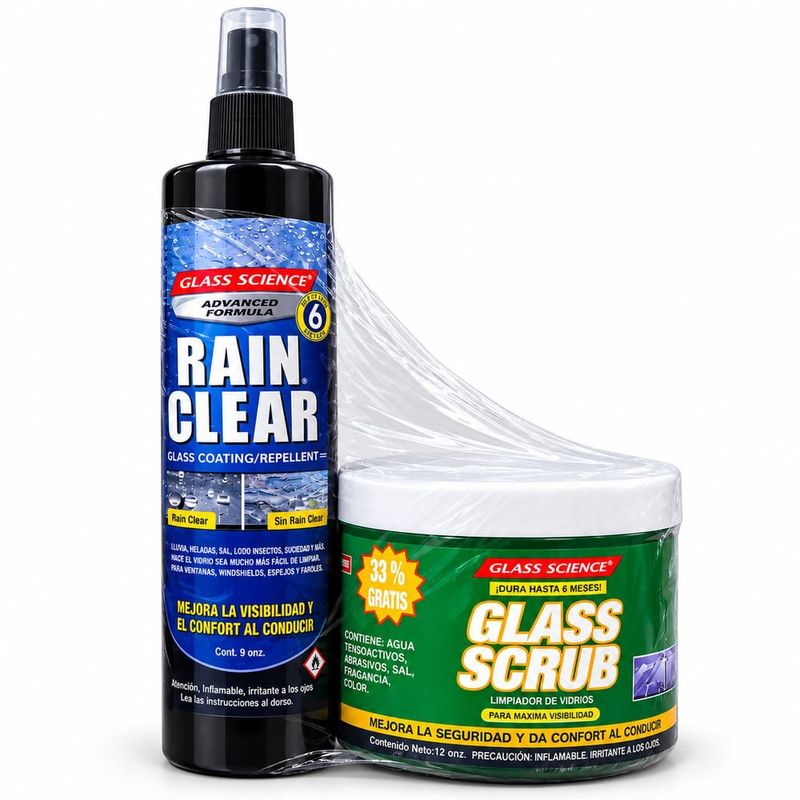 Set de Limpiador Glass Scrub 12 Oz y Repelente Rain Clear 9 Oz