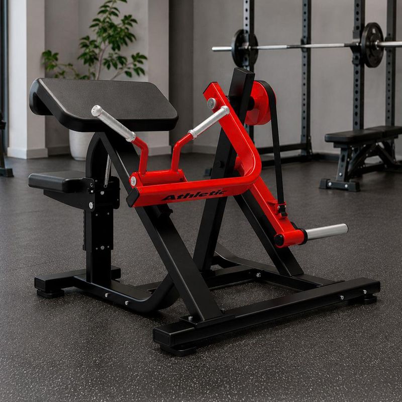 Máquina para Flexión de Bíceps con Movimiento Guiado y Carga con Discos Olímpicos Negro con Rojo