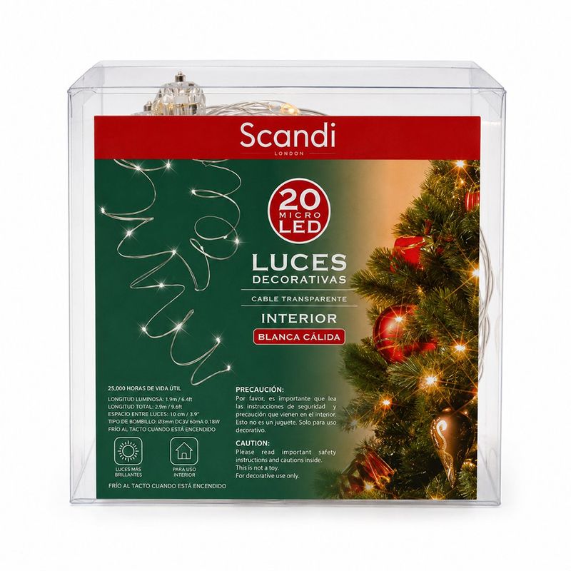 Serie de 20 Luces Fijas Micro LED Blanca Cálida con Cable Transparente para Interior