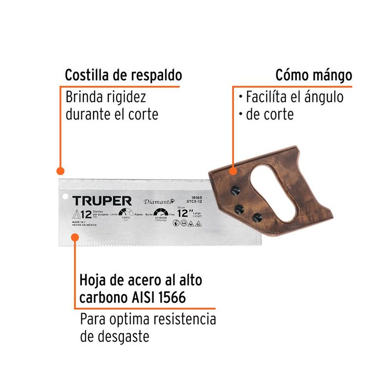 Serrucho de Costilla Truper Diamante de 12 Plg con Mango de Madera