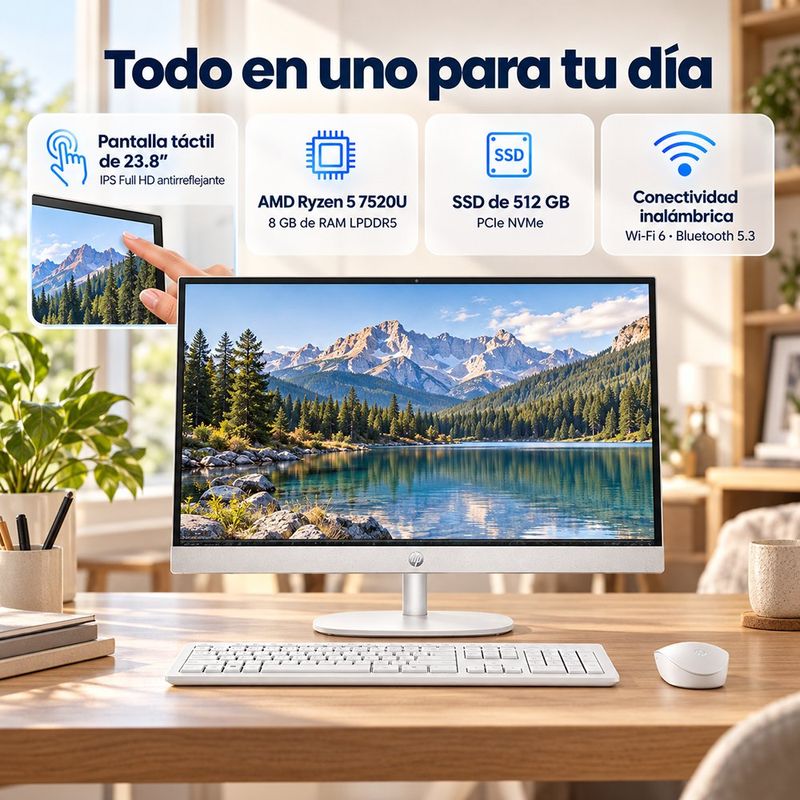 Computadora All in One Touch de 23.8 Plg con AMD Ryzen 5, 8 GB RAM y SSD de 512 GB