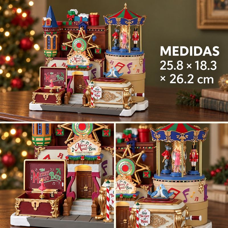 Villa Navideña Tienda de Cajas de Música Merry Music Box con Carrusel Animado, Luces y Sonido