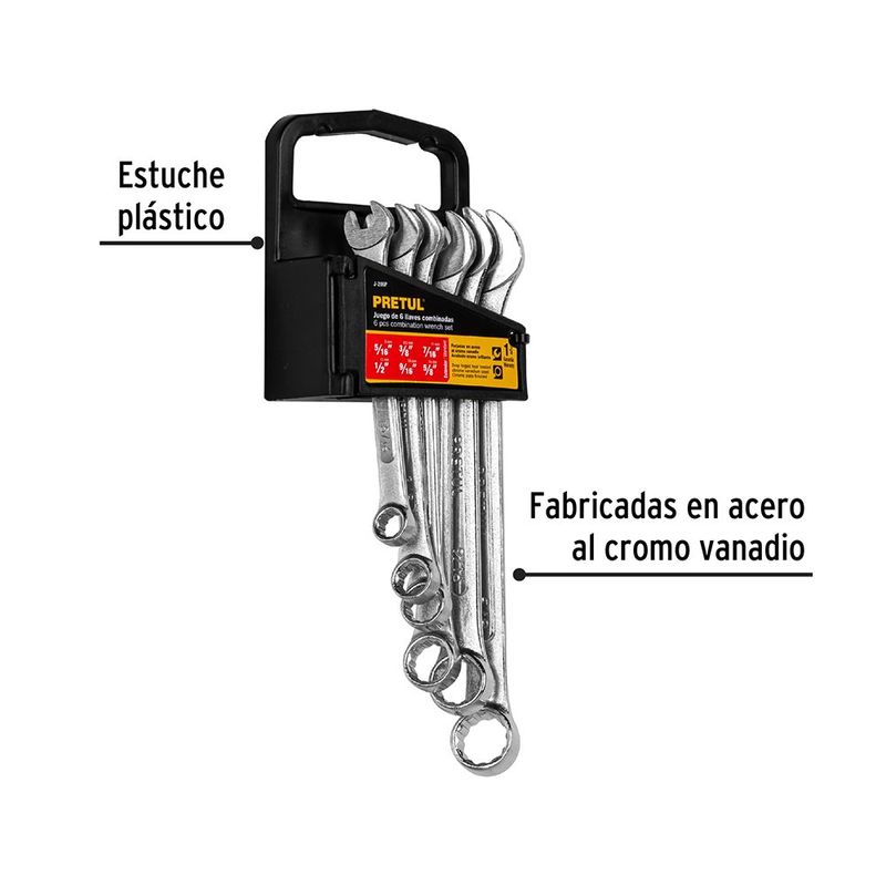 Juego de 6 Llaves Combinadas Estándar de Acero al Cromo Vanadio con Estuche