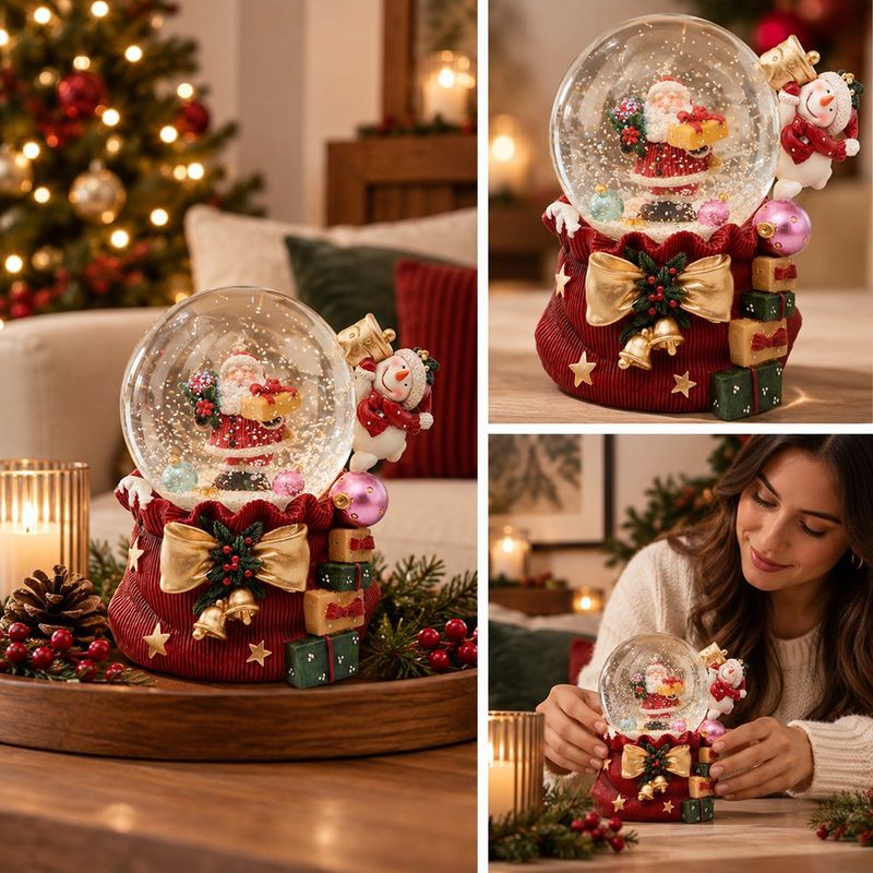 Bola de Agua Navideña con Santa, Bolsa de Regalos y Música de 10 cm