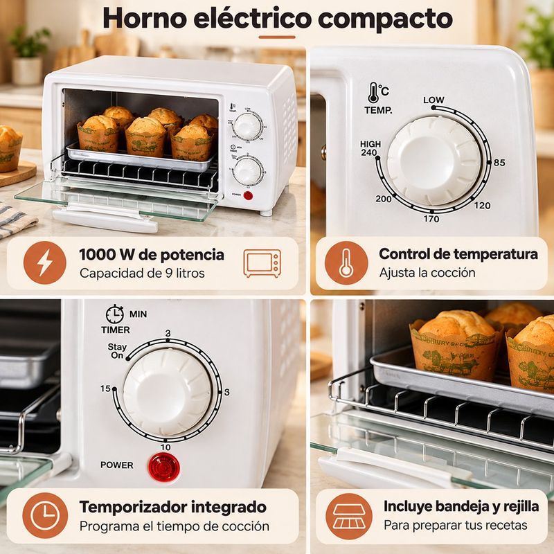 Horno Tostador Eléctrico de 9 L 1000 Wcon Control de Temperatura y Temporizador Integrado Blanco