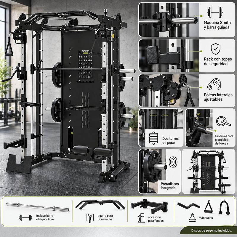 Rack de Potencia con Máquina Smith y Poleas Ajustables 3500SM con Torres de Peso Selectorizado Negro
