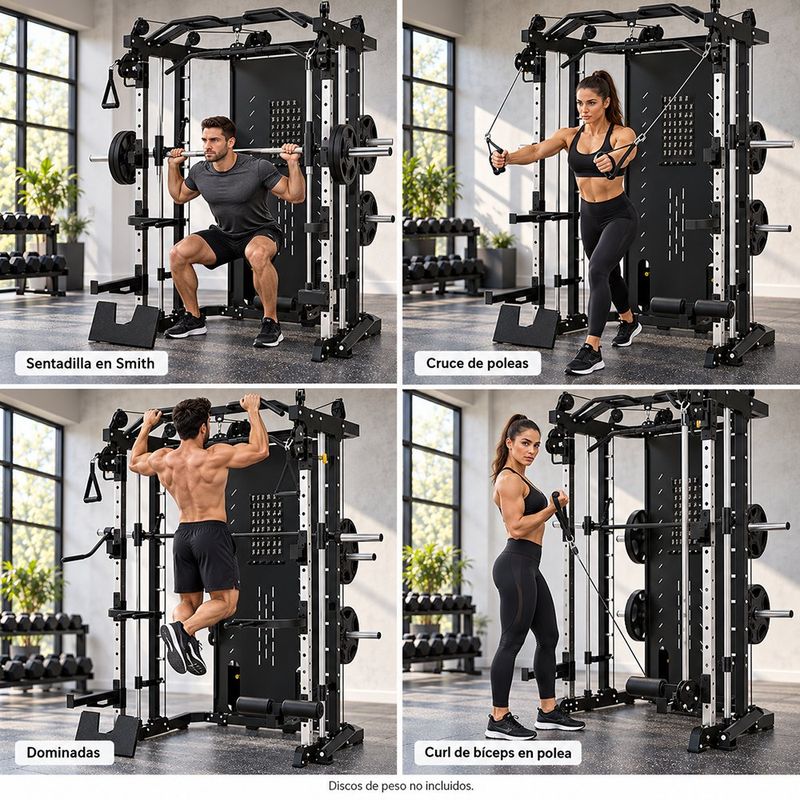 Rack de Potencia con Máquina Smith y Poleas Ajustables 3500SM con Torres de Peso Selectorizado Negro