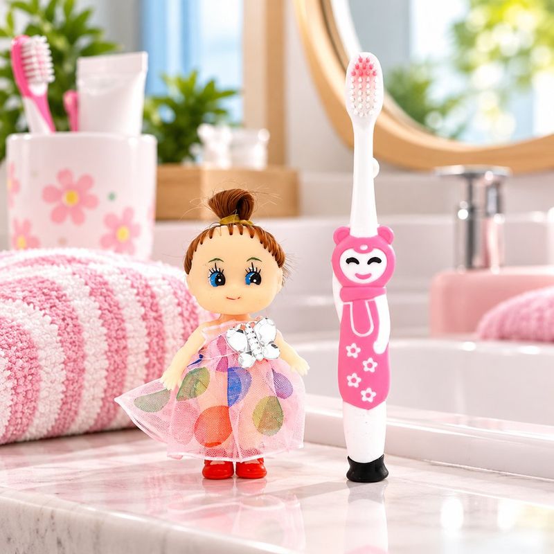 Cepillo Dental Infantil de Cerdas Suaves con Mango de Osito Rosado y Muñeca de Juguete
