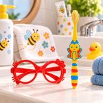 Cepillo Dental Infantil de Cerdas Suaves con Mango de Abejita Amarillo y Lentes de Juguete Rojos