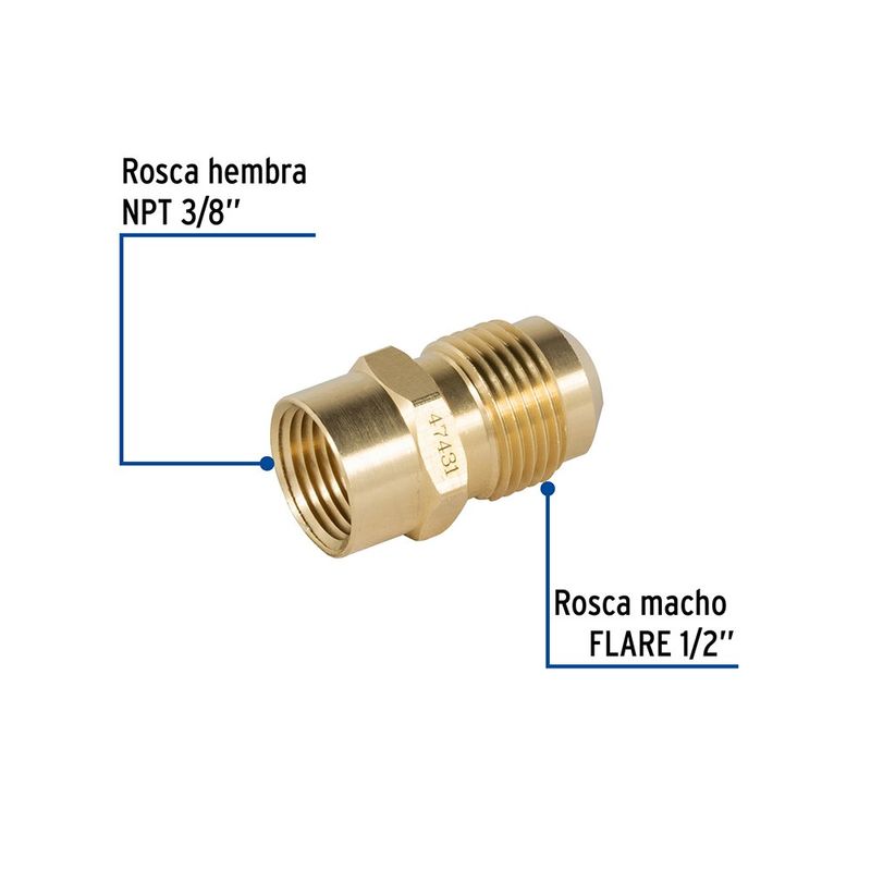 Niple Campana de Latón de 1/2 x 3/8 Plg con Rosca Flare y NPT para Gas Propano Líquido y Natural
