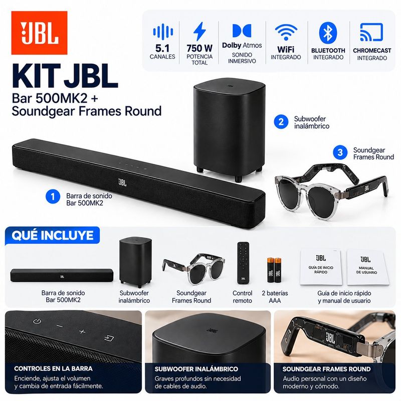 Kit Barra de Sonido Bar 500MK2 750 W con Subwoofer y Gafas con Audio Soundgear Frames Round