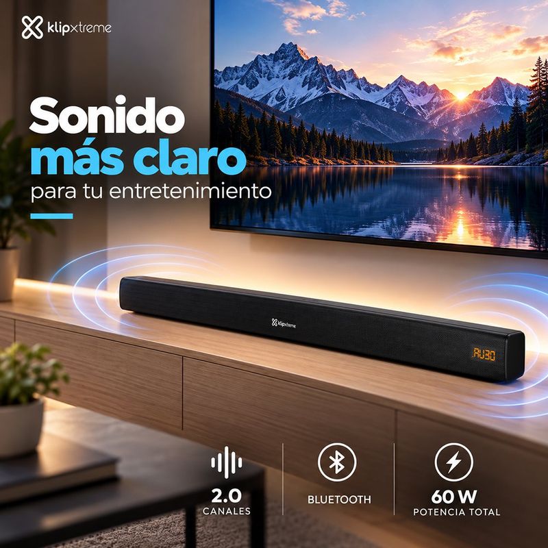 Barra de Sonido 2.0 de 60 W con Bluetooth, Control Remoto y Entradas Óptica y RCA Color Negro