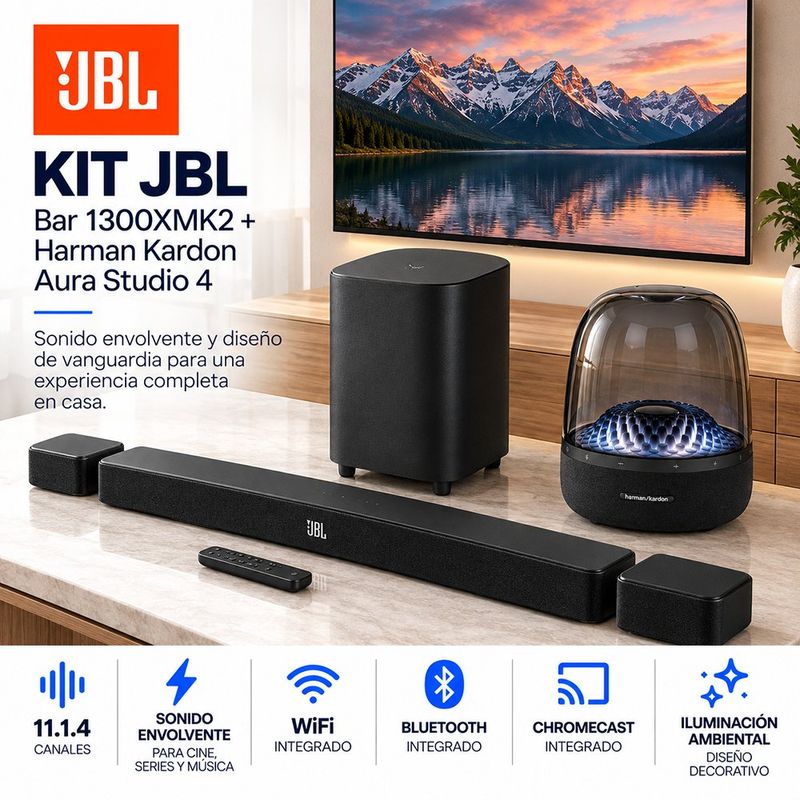 Kit Barra de Sonido Bar 1300XMK2 11.1.4 Canales con Subwoofer y Bocina Bluetooth Aura Studio 4 Negro