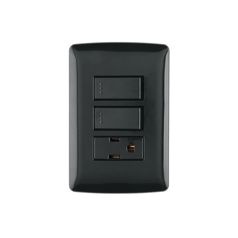 Interruptor Doble + Tomacorriente Italiano Negro 15 A