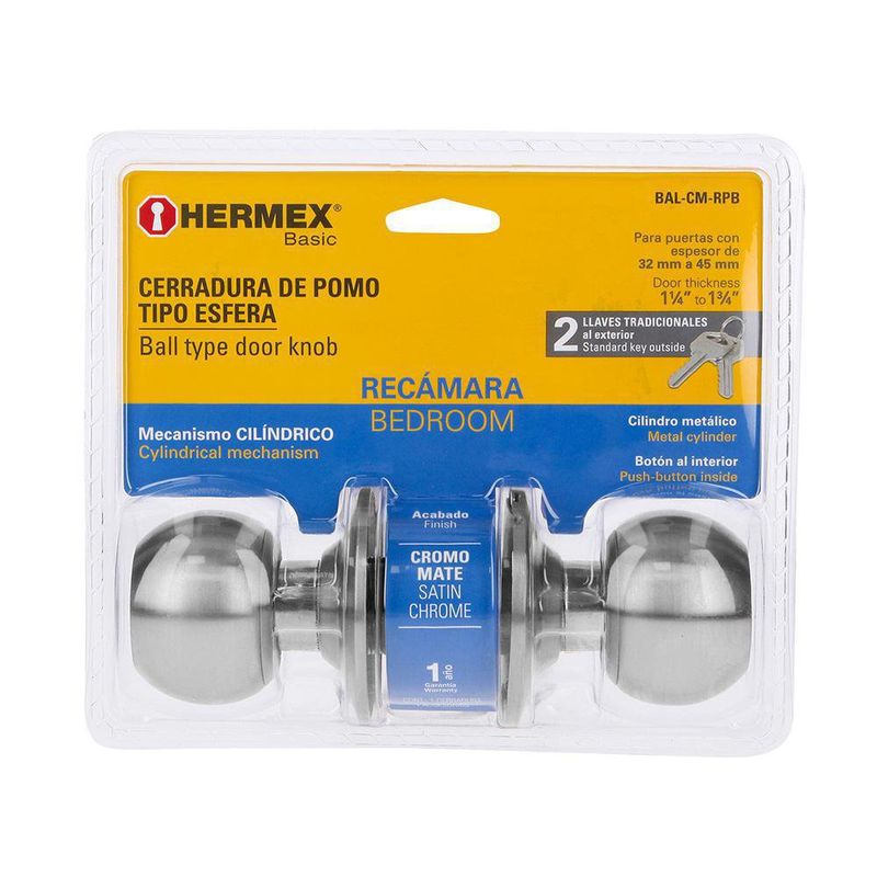 Cerradura Esfera Cilíndrico Para Dormitorio Cromo Mate - Hermex Basic