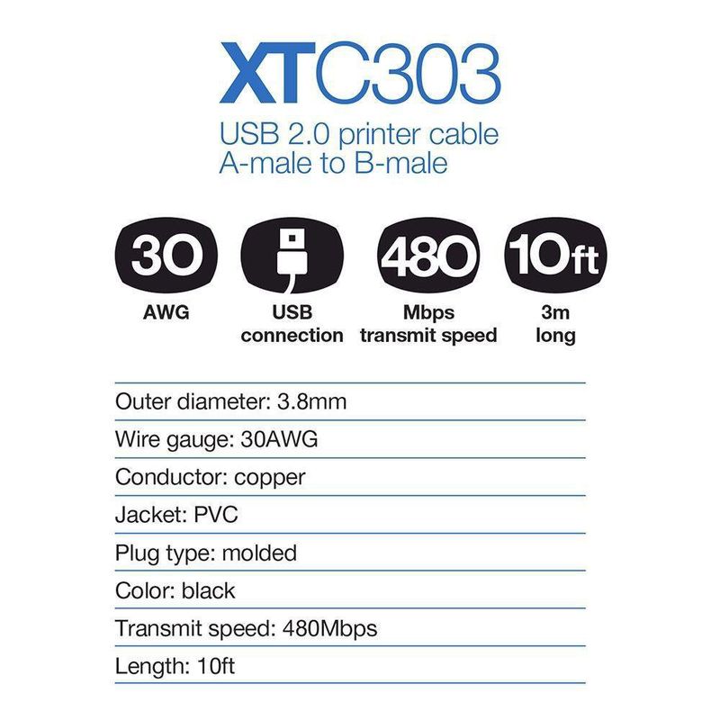 Cable Para Impresora A/B 10Ft Xtech