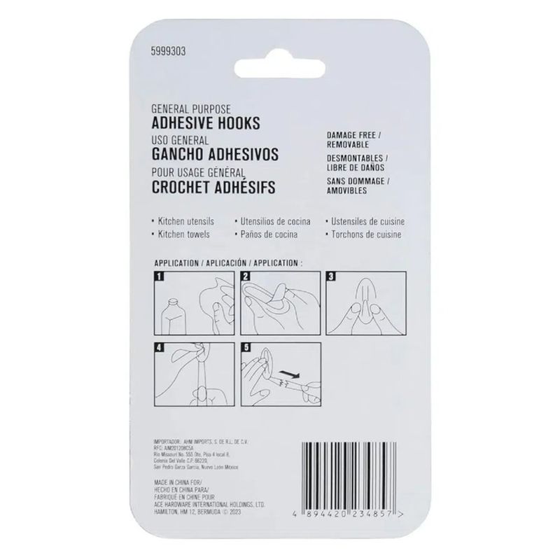 Ganchos Adhesivos 1.1 Lbs Transparentes 6 Pzas y 8 Tiras - Ace