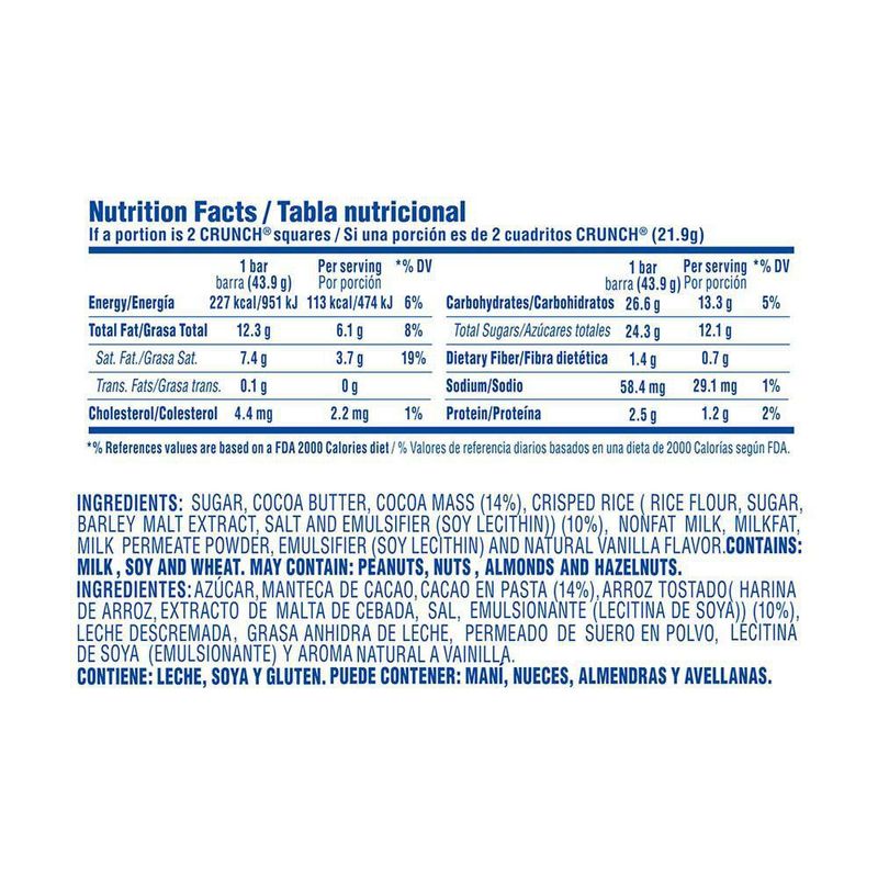 Barra De Chocolate Con Leche Y Arroz Tostado 43.9 Gr - Crunch