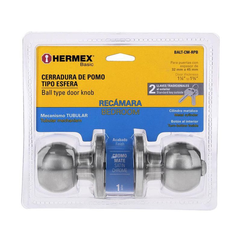 Cerradura Esfera Tubular Dormitorio Cromo Mate - Hermex Basic