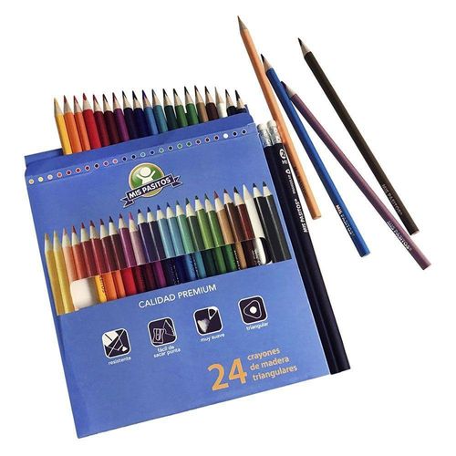 Crayones Triangulares De Madera Premium 24 Unidades + 2 Lapices Hp - Mis Pasitos