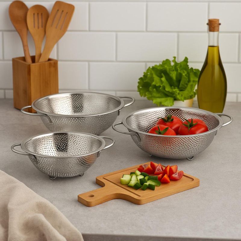 Set de Coladores Tipo Canasta de Acero Inoxidable 3 Pzas
