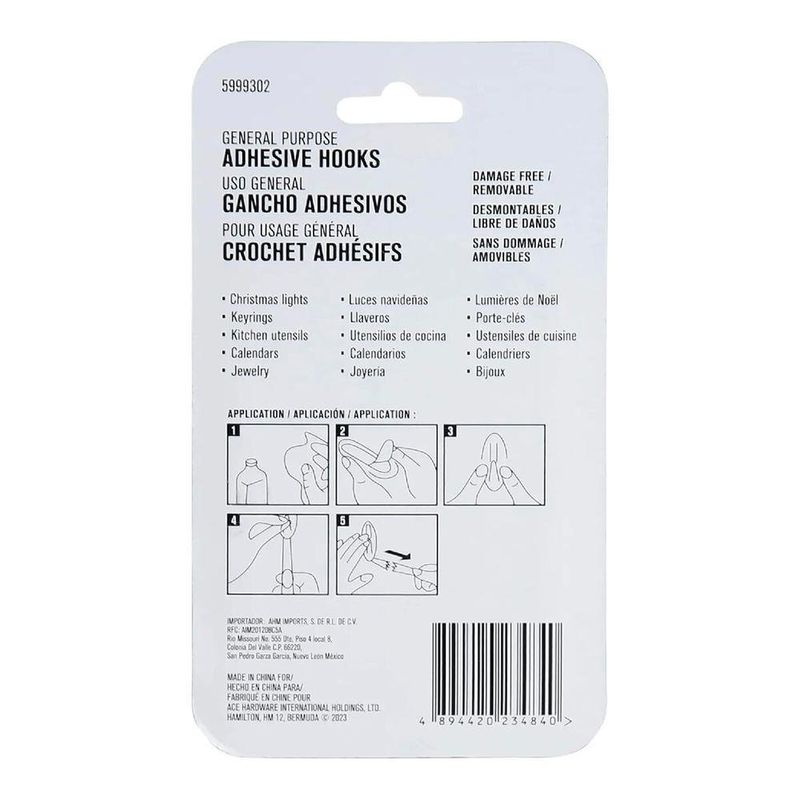 Ganchos Adhesivos 0.66 Lb Transparentes 20 Pzas y 24 Tiras- Ace