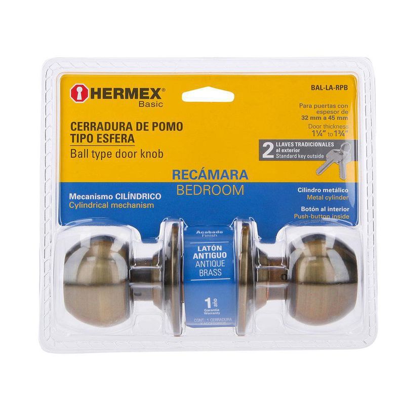 Cerradura Esfera Cilíndrico Para Dormitorio Latón Antiguo - Hermex Basic