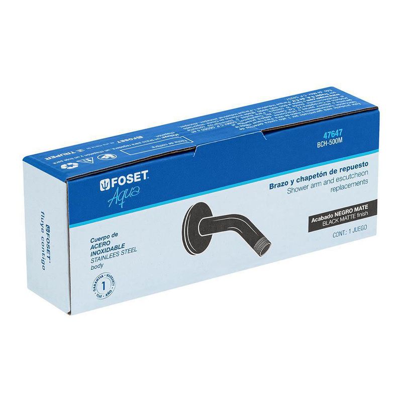 Brazo Corto para Regadera con Chapetón Negro Mate - Foset