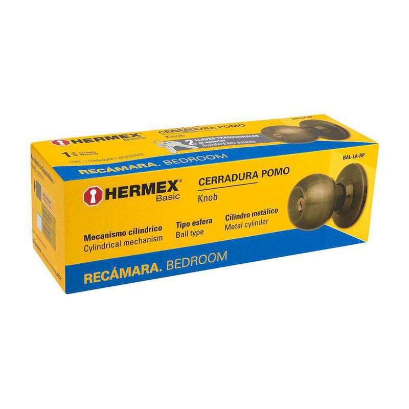 Cerradura Esfera Cilíndrico Dormitorio Latón Antiguo - Hermex Basic