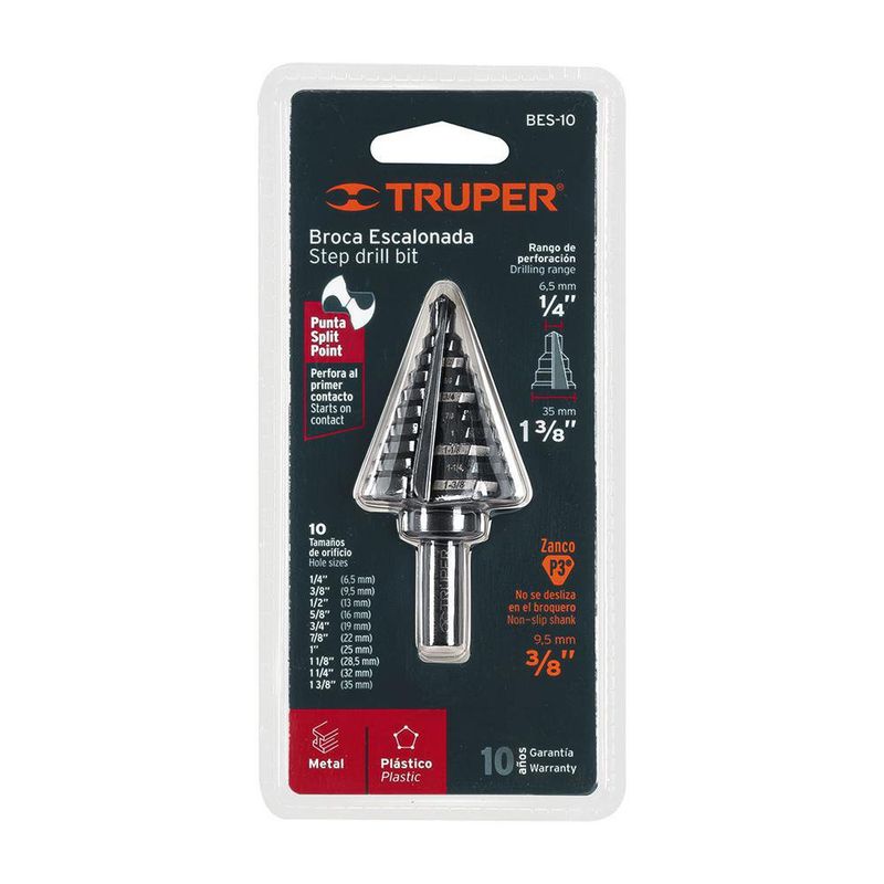 Broca Escalonada con 10 escalones de 1/4 - 1 3/8 Plg - Truper