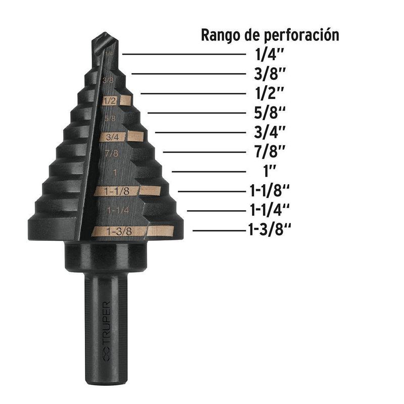 Broca Escalonada con 10 escalones de 1/4 - 1 3/8 Plg - Truper