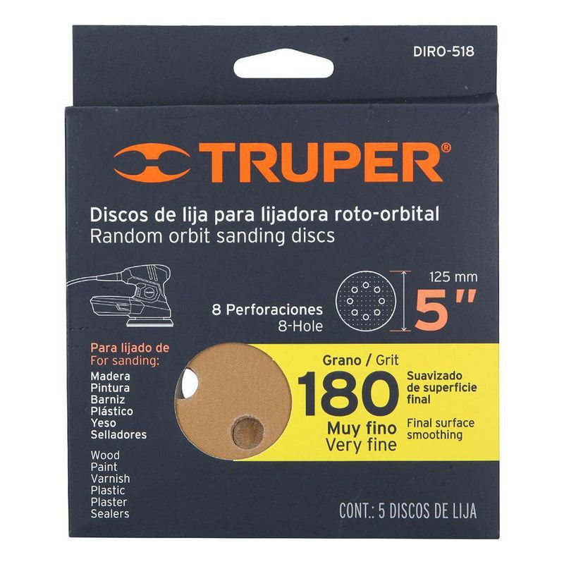 Set De Discos De Lija Roto-Orbital Grano 180 5 Unidades - Truper