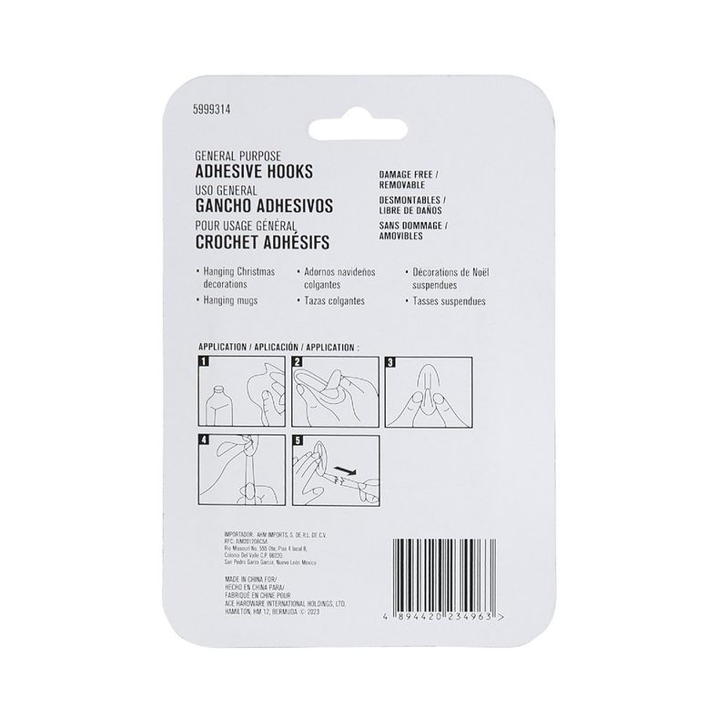 Ganchos Adhesivos 2.2 Lbs Blancos 3 Pzas y 4 Tiras - Ace