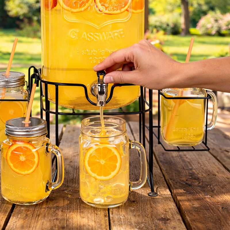 Dispensador de Bebida 8 Litros + 4 Vasos con Base Metálica
