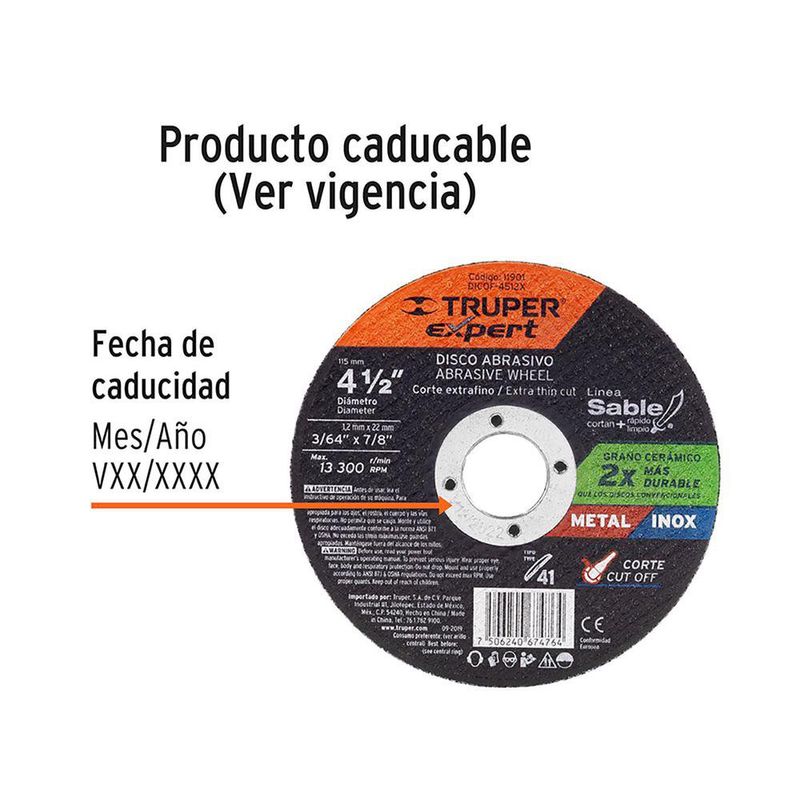 Disco De Corte Fino Tipo 41 4 1/ Plg - Truper Expert