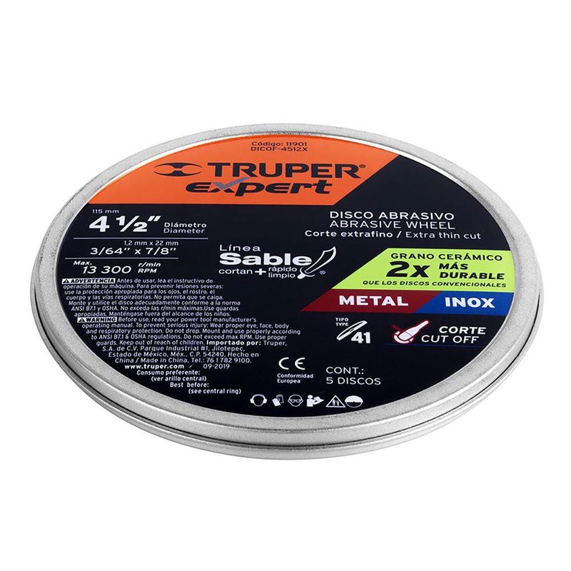 Disco De Corte Fino Tipo 41 4 1/ Plg - Truper Expert