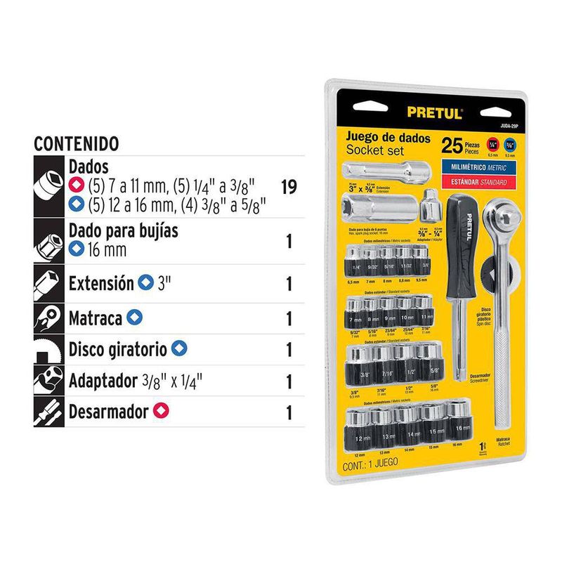 Copas y Accesorios 3/8 Plg 29 Pzas