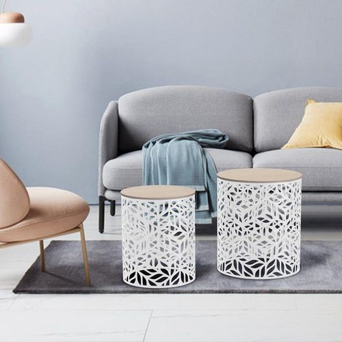 Set de 2 Mesas Auxiliares y Metal Blanco