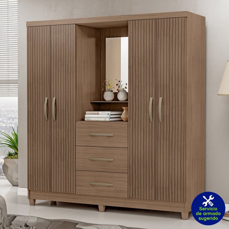 Armario Terry con Espejo 4 Puertas y 3 Gavetas para Dormitorio 46.5 x 160 x 200 cm