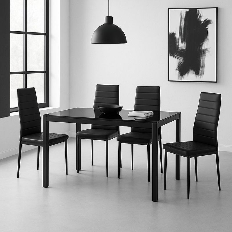Comedor-Moderno-Rectangular-con-Mesa-de-Vidrio-Negro-para-4-Personas